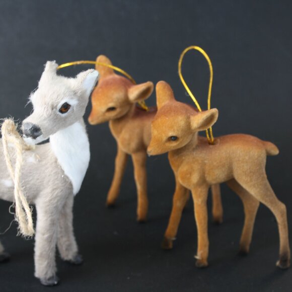 Lot of 6 Vintage Deer Ornaments Flocked Faux Fur white sparkles Christmas - Picture 3 of 11